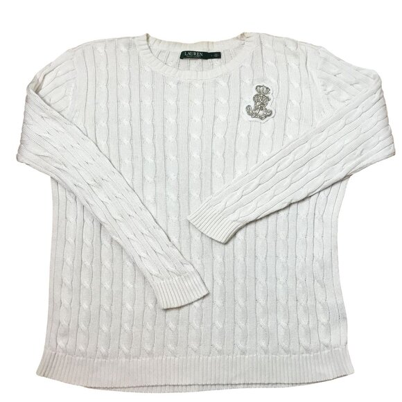 LAUREN RALPH LAUREN Green Label Cable Knit Sweater L White Crest Patch 90s Prep - Picture 2 of 7